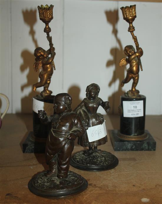Pair ormolu figural candlesticks and 2 other figures